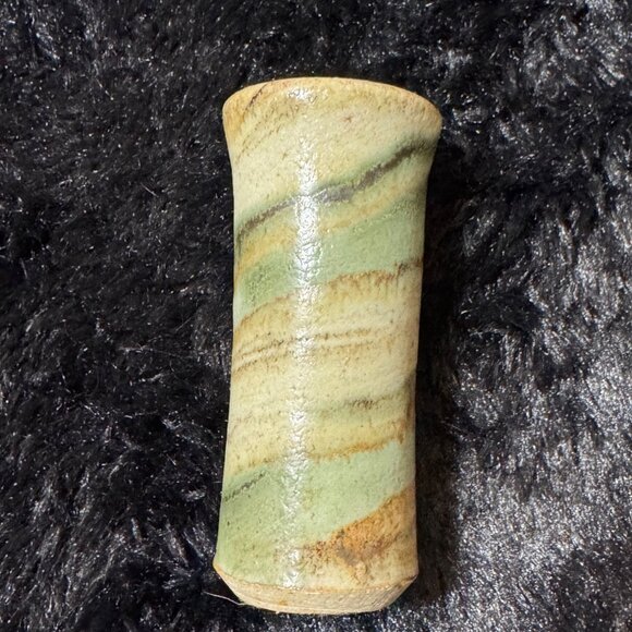 Pottery Ceramic Tumbler  Vase  Mini 4.5" Green & Brown Swirls Stamped Signed - Picture 3 of 6